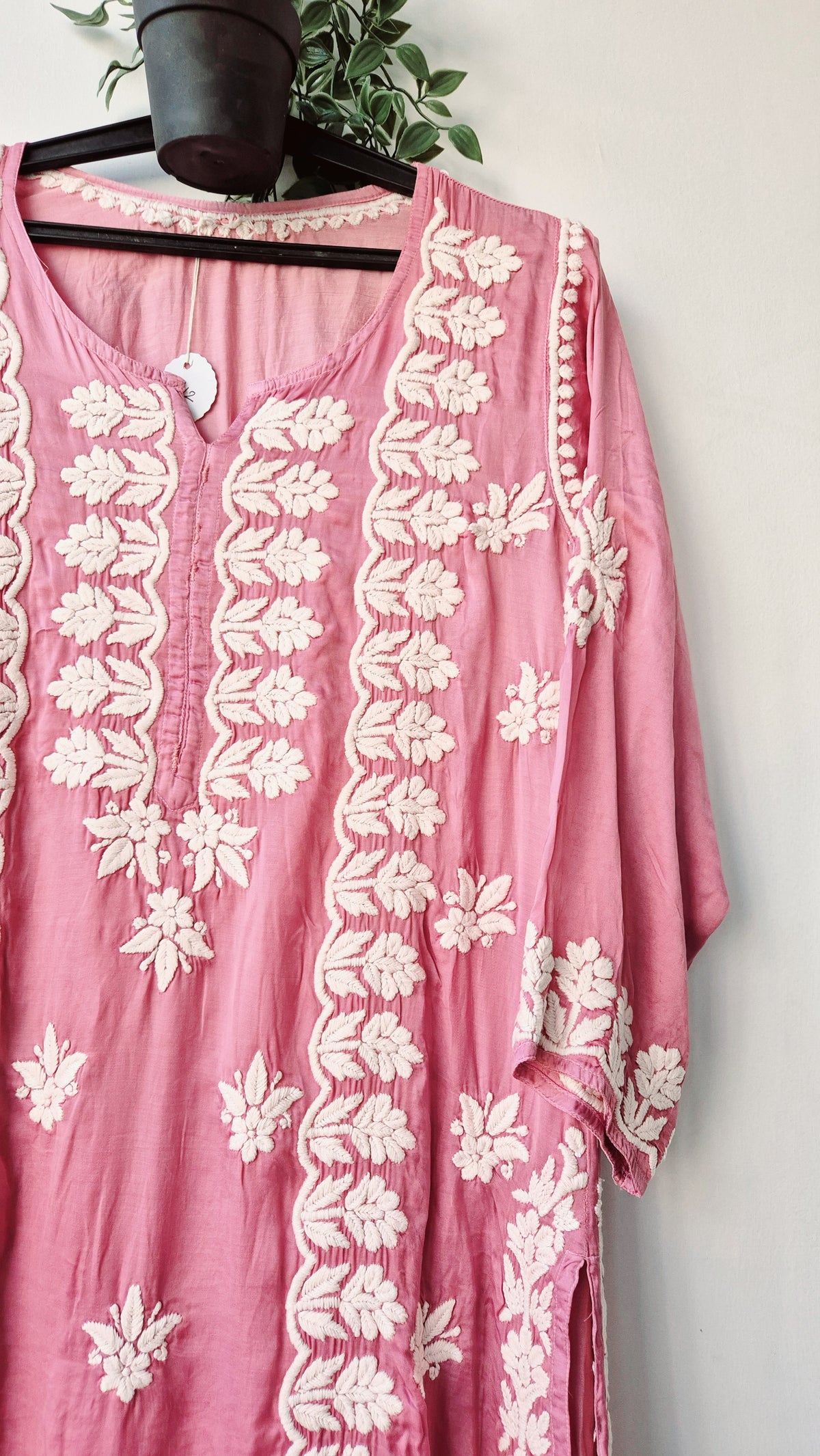 Light Thulian pink premium silk Chikankari Kurti with intricate hand-embroidery, traditional Lucknow Chikankari by LVW Fashions.