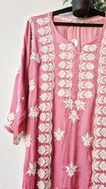 Light Thulian pink silk Chikankari Kurti by LVW Fashions, handcrafted Lucknow Chikankari embroidery, delicate and elegant.