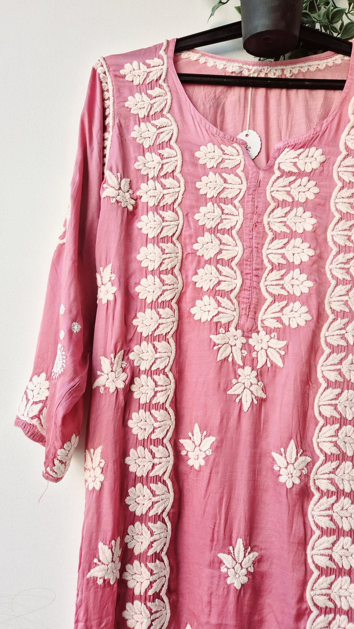 Light Thulian pink silk Chikankari Kurti by LVW Fashions, handcrafted Lucknow Chikankari embroidery, delicate and elegant.
