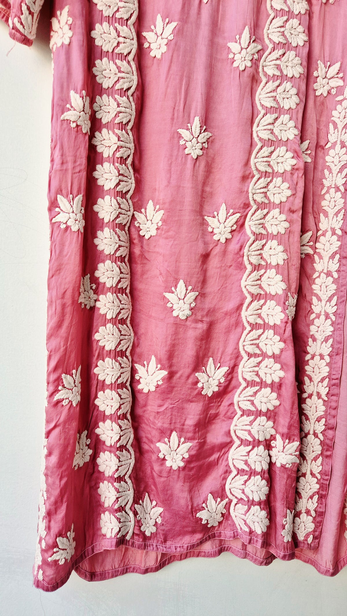 Light Thulian pink premium silk Chikankari Kurti by LVW Fashions, handmade Lucknow Chikankari with intricate embroidery.