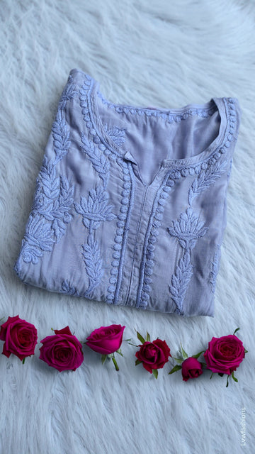 Grayish blue crepe silk long kurta with intricate handmade Lucknow Chikankari embroidery by LVW Fashions.