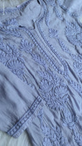 Grayish blue crepe silk Kurta with intricate handmade Lucknow Chikankari from LVW Fashions, long length, premium quality.