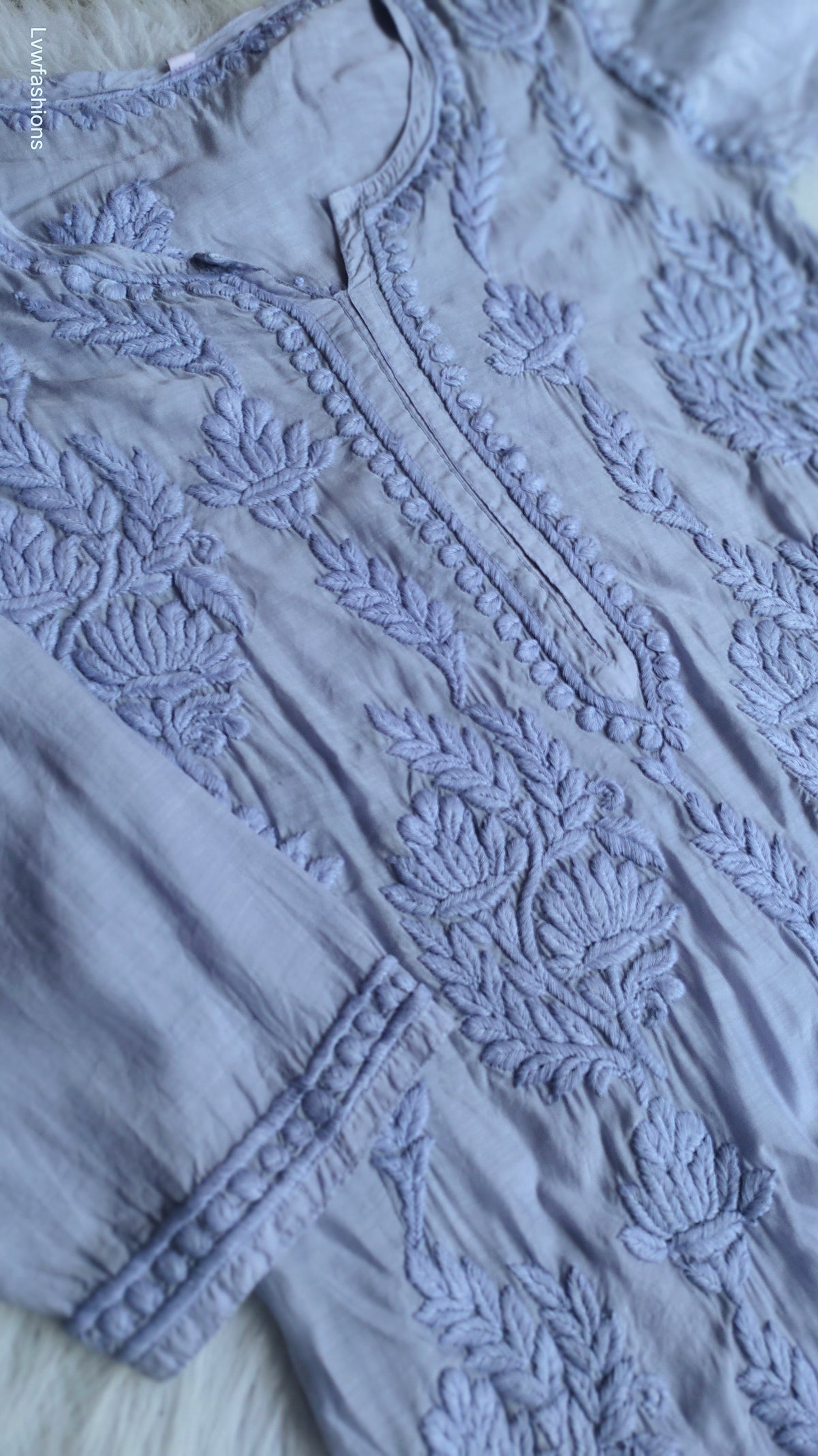 Grayish blue crepe silk Kurta with intricate handmade Lucknow Chikankari from LVW Fashions, long length, premium quality.