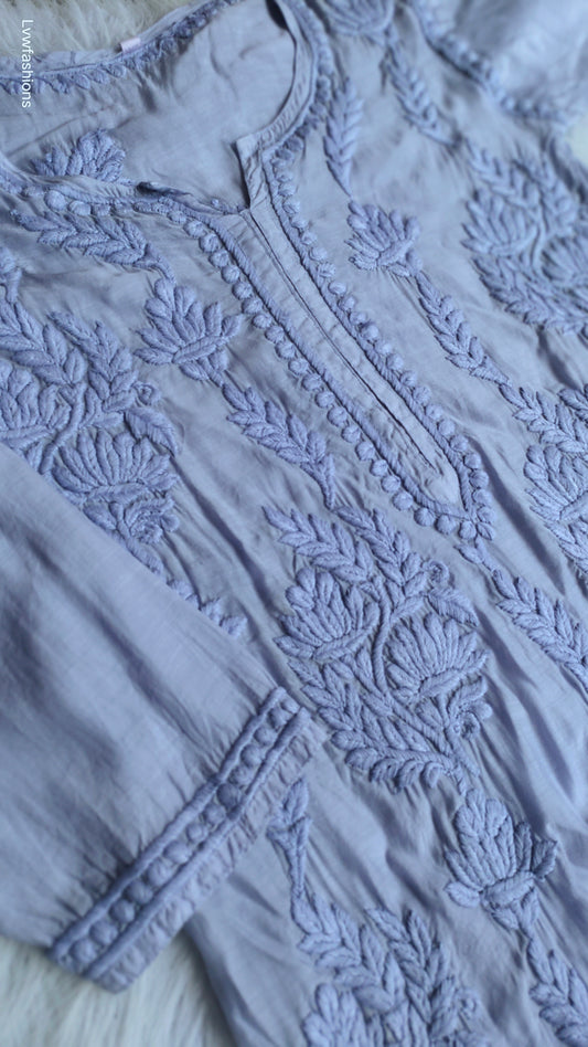 Grayish blue crepe silk Kurta with intricate handmade Lucknow Chikankari from LVW Fashions, long length, premium quality.