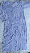 Grayish blue crepe silk long kurta by LVW Fashions featuring intricate handmade Lucknow chikankari embroidery.