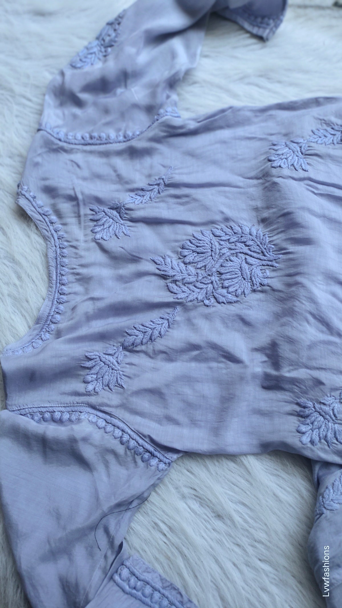 Grayish blue crepe silk long kurta with intricate handmade chikankari embroidery, crafted by LVW Fashions in Lucknow.