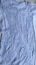 Grayish blue crepe silk long Kurta with intricate handmade Lucknow Chikankari embroidery by LVW Fashions.