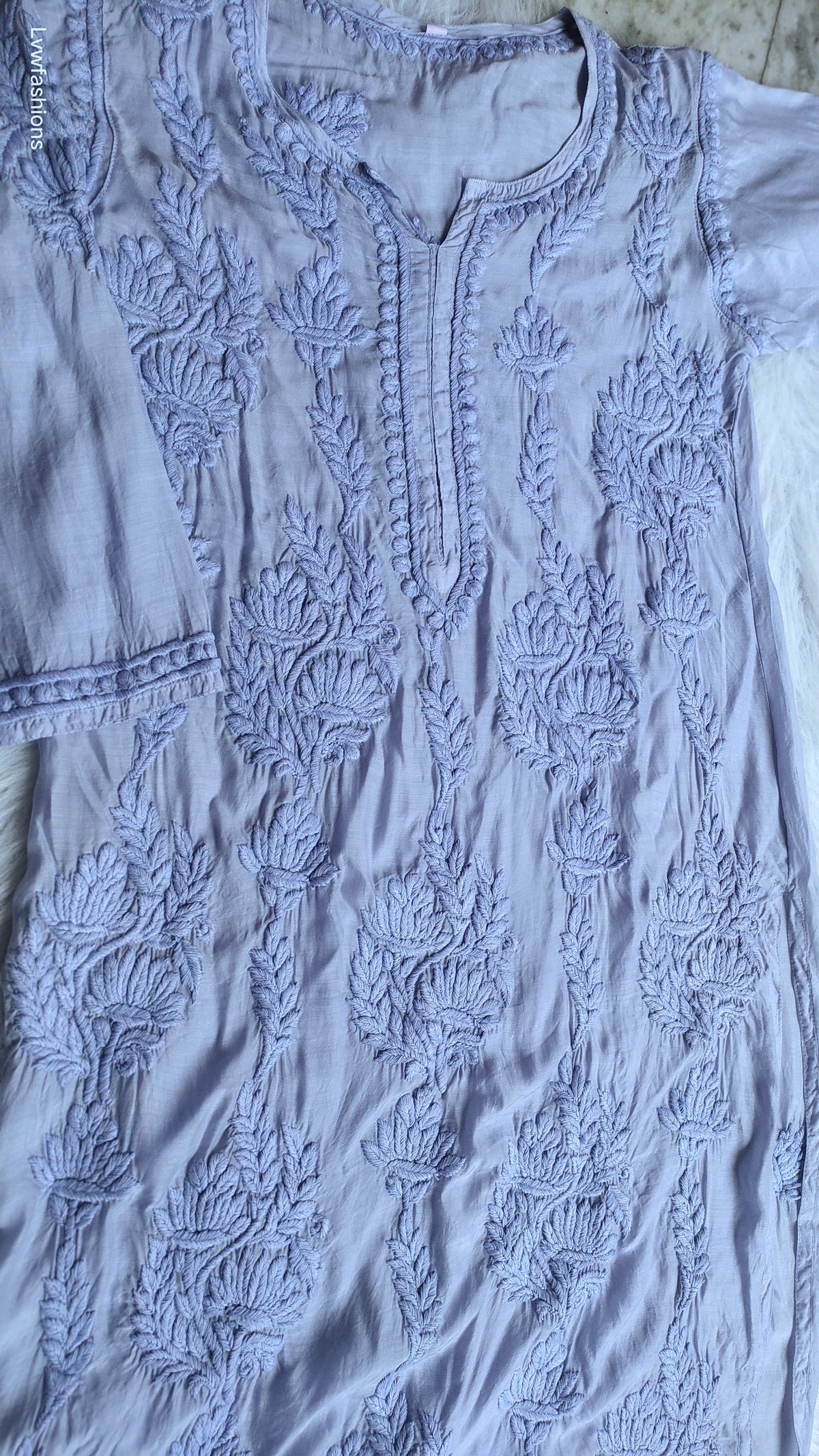 Grayish blue crepe silk long Kurta with intricate handmade Lucknow Chikankari embroidery by LVW Fashions.