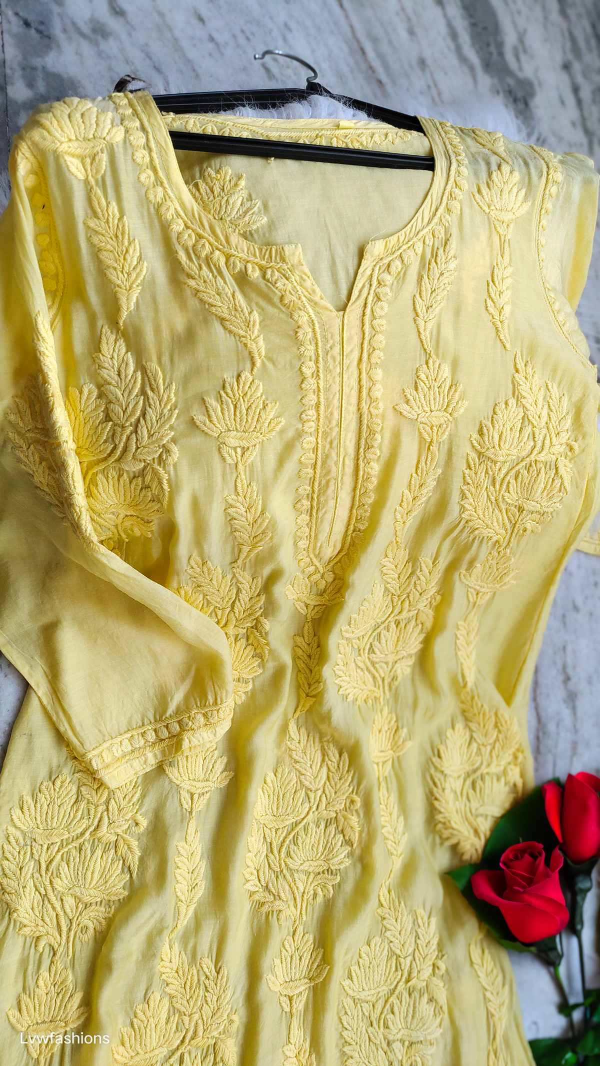 Luxurious Lotus Silk long kurta by LVW Fashions featuring intricate handmade Lucknow Chikankari embroidery.