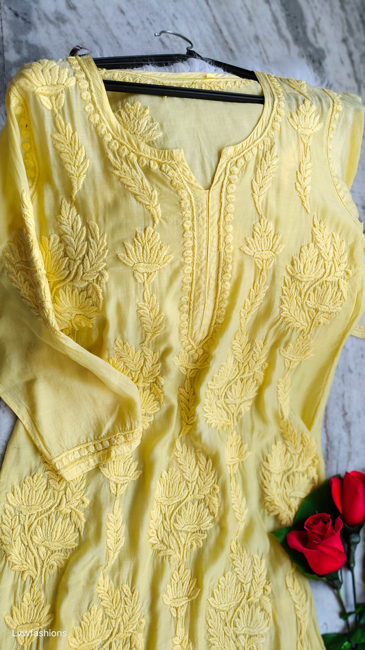 Luxurious Lotus Silk long kurta by LVW Fashions featuring intricate handmade Lucknow Chikankari embroidery.