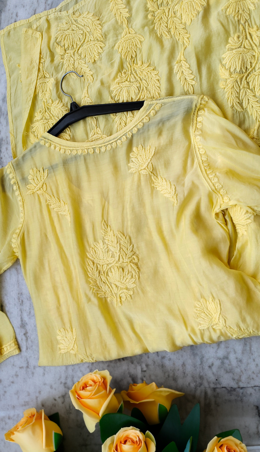 Luxurious Lotus Silk long Kurta with intricate handmade Chikankari embroidery from LVW Fashions, showcasing traditional Lucknow craftsmanship.