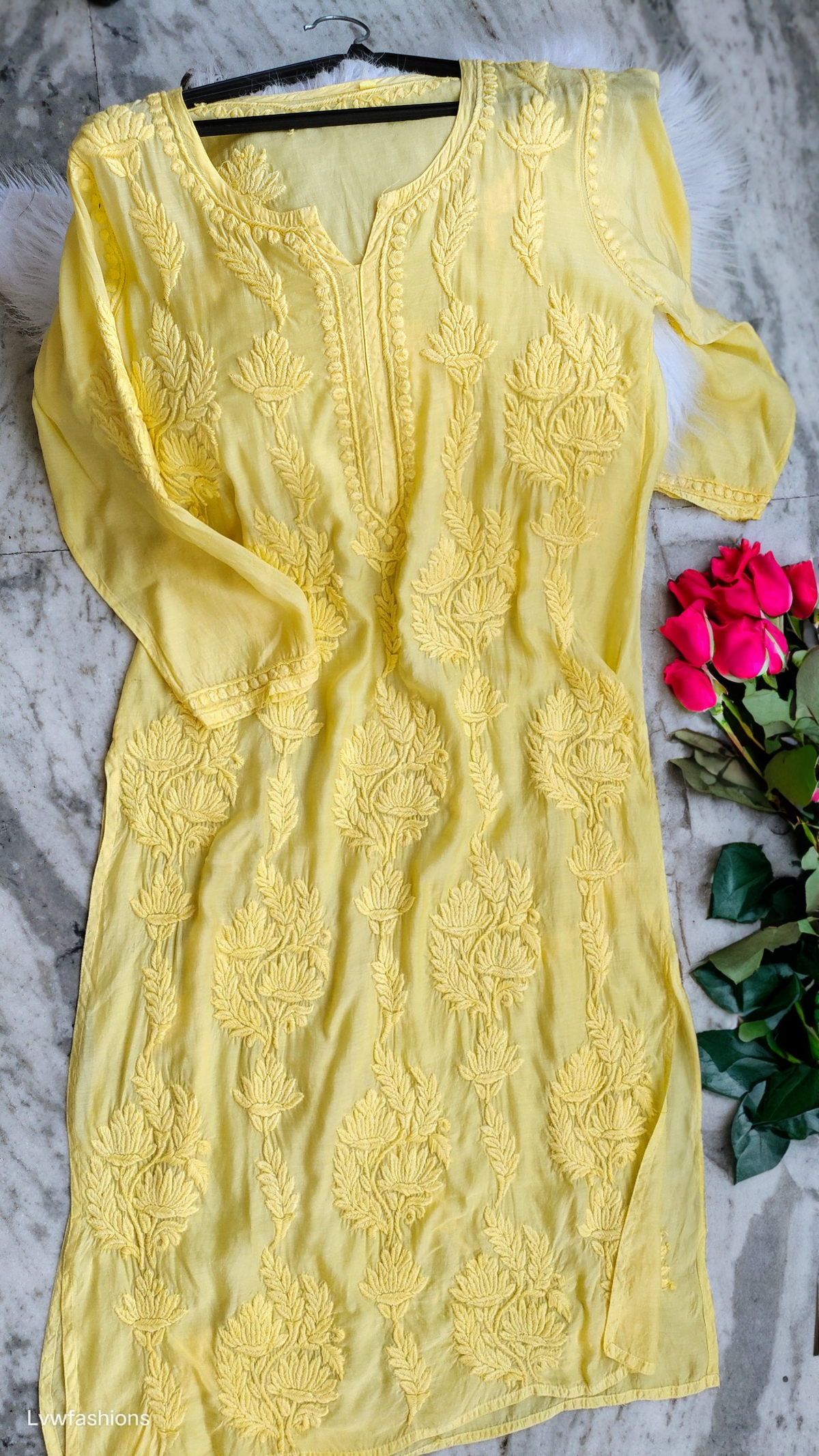 Luxurious long Lotus Silk Kurta by LVW Fashions featuring intricate handmade Chikankari embroidery from Lucknow.