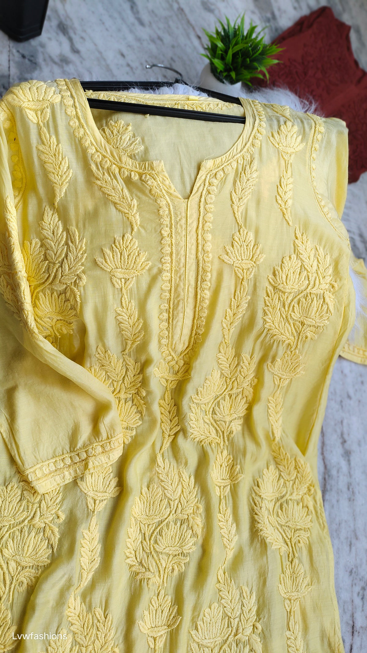 Luxurious long Lotus Silk Kurta by LVW Fashions featuring intricate handmade Lucknow Chikankari embroidery.