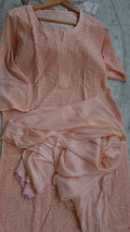 Loveable Sharara peach premium georgette Chikankari kurti set by LVW Fashions, featuring intricate handmade Lucknow Chikankari.