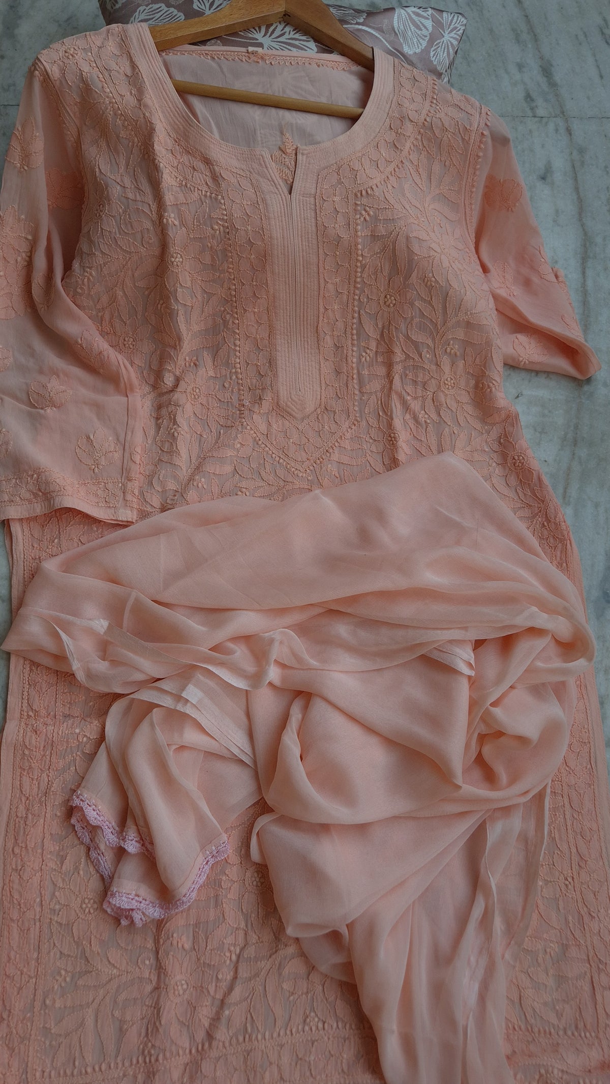 Loveable Sharara peach premium georgette Chikankari kurti set by LVW Fashions, featuring intricate handmade Lucknow Chikankari.