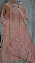Loveable peach georgette sharara kurti set with intricate Lucknow chikankari embroidery by LVW Fashions, includes kurta and matching sharara.