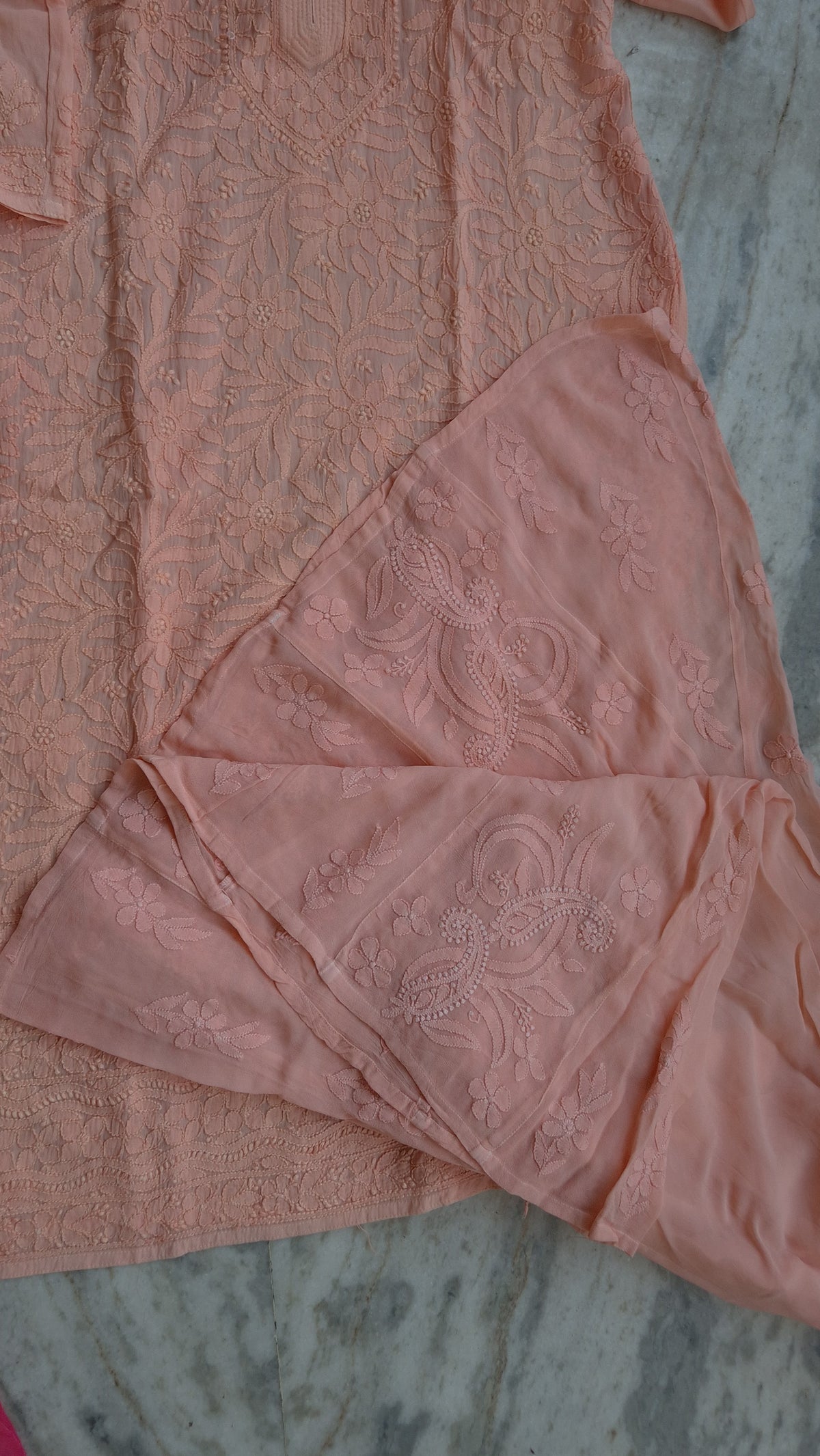 Loveable Peach Sharara and georgette Chikankari kurti set by LVW Fashions, handcrafted Lucknow chikankari design, featuring elegant detailing.