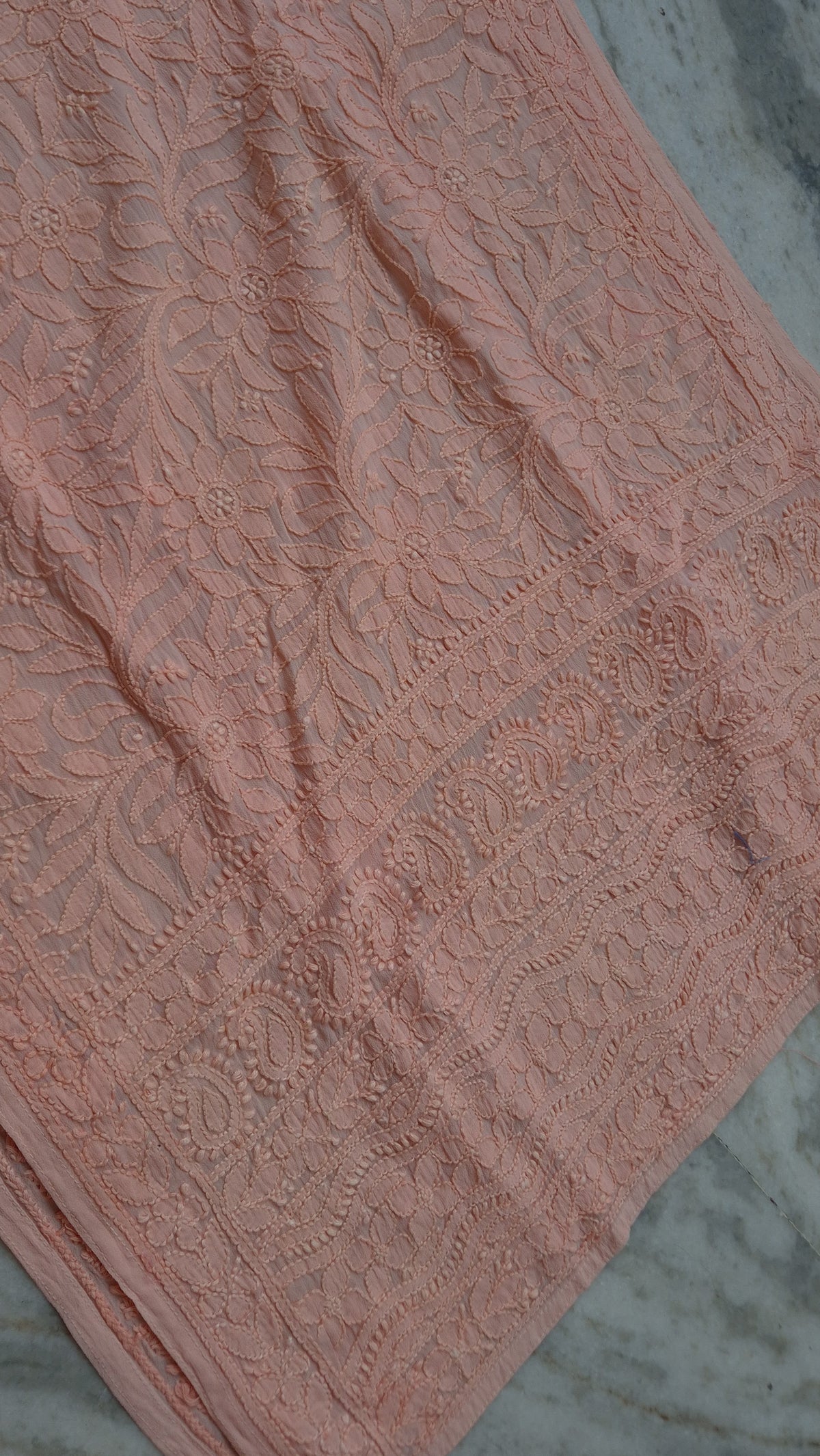 Loveable Sharara peach premium georgette Chikankari kurti set by LVW Fashions, featuring intricate handmade Lucknow Chikankari details.