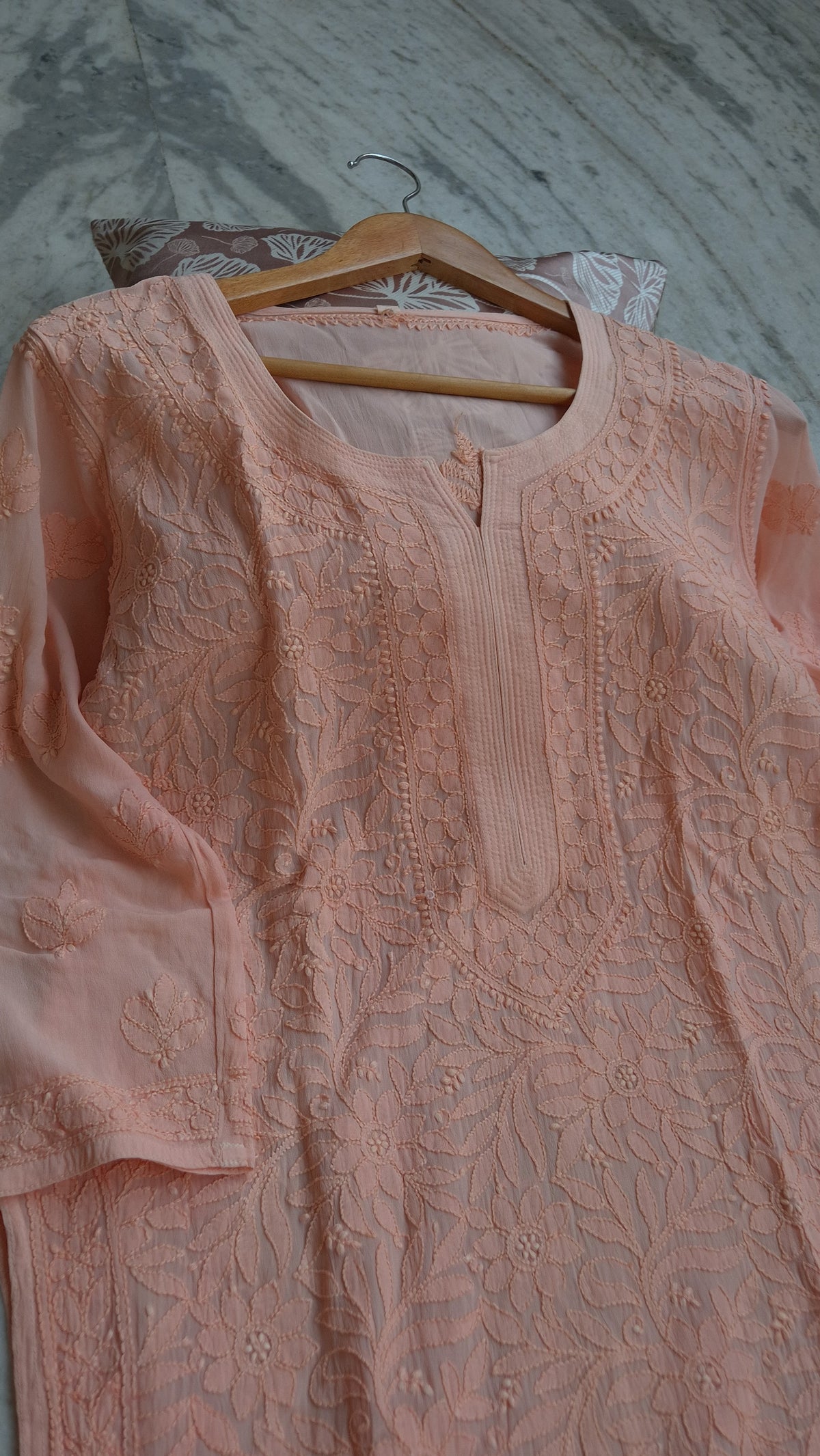 Loveable Sharara Peach premium georgette Chikankari kurti set with intricate Lucknow handmade Chikankari, includes kurta and sharara.