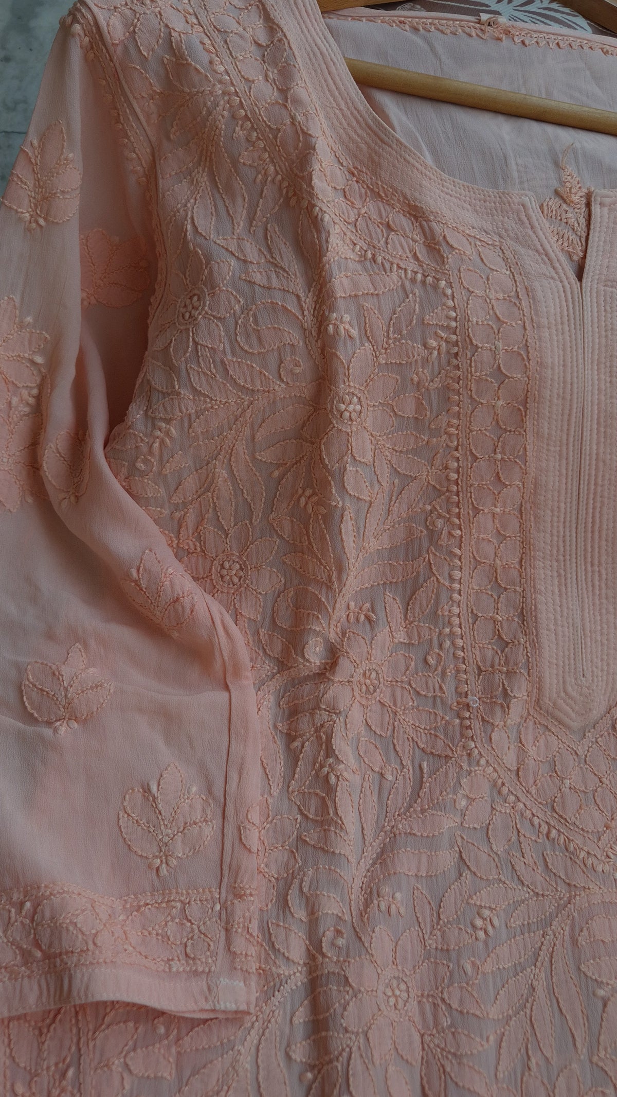 Loveable Peach Sharara and Georgette Chikankari Kurti set by LVW Fashions, handmade Lucknow chikankari with intricate embroidery.
