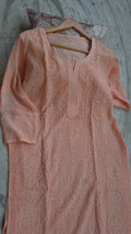 Loveable Sharara Peach premium georgette Chikankari kurti set by LVW Fashions, handcrafted Lucknow Chikankari with intricate embroidery.