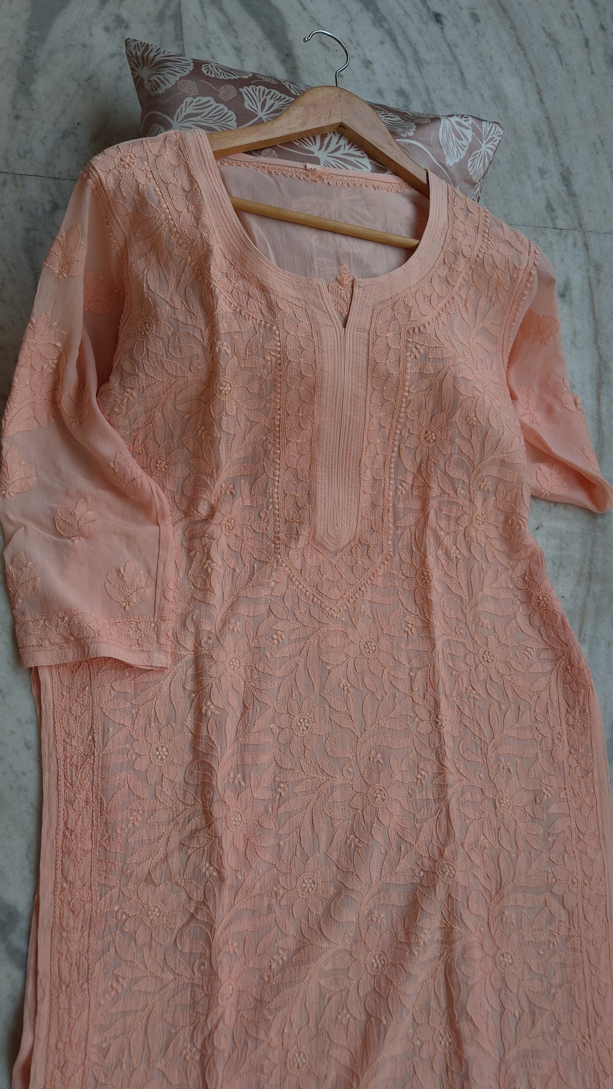 Loveable Sharara Peach premium georgette Chikankari kurti set by LVW Fashions, handcrafted Lucknow Chikankari with intricate embroidery.
