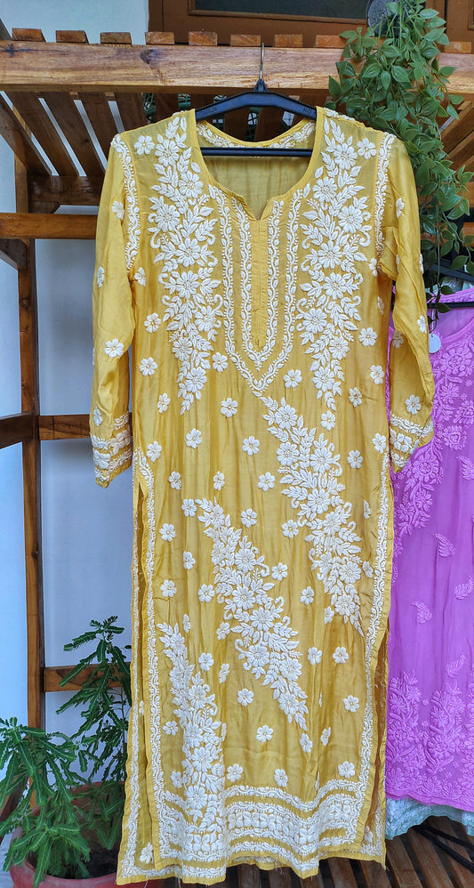 Luxor Gold Feriha premium silk chikankari kurta by LVW Fashions featuring intricate handmade Lucknow chikankari detailing.