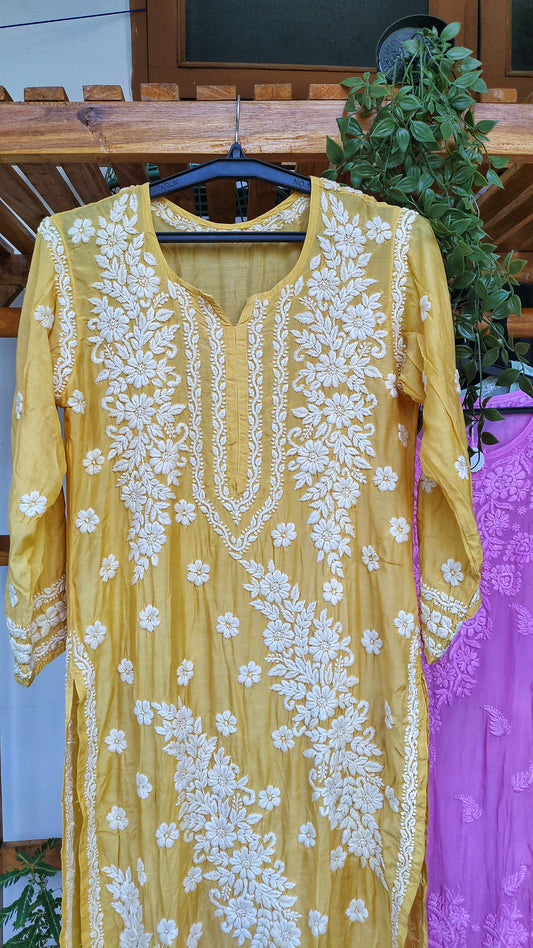 Luxor Gold Feriha premium silk Chikankari kurta by LVW Fashions, featuring intricate handmade Lucknow embroidery and a luxurious look.