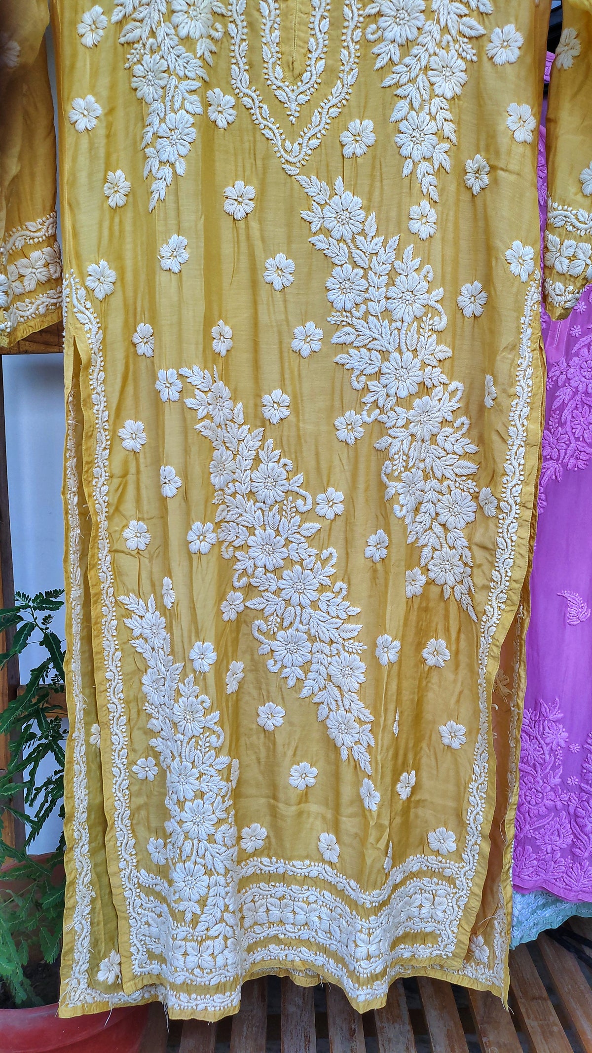 Luxor Gold Feriha premium silk Chikankari kurta by LVW Fashions featuring intricate handmade Lucknow Chikankari embroidery.