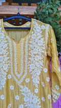 Luxor Gold Feriha Premium Silk Chikankari Kurta by LVW Fashions, handmade with intricate Lucknow chikankari embroidery.