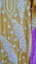 Luxor Gold Feriha Premium Silk Kurta by LVW Fashions featuring intricate handmade Lucknow Chikankari embroidery.