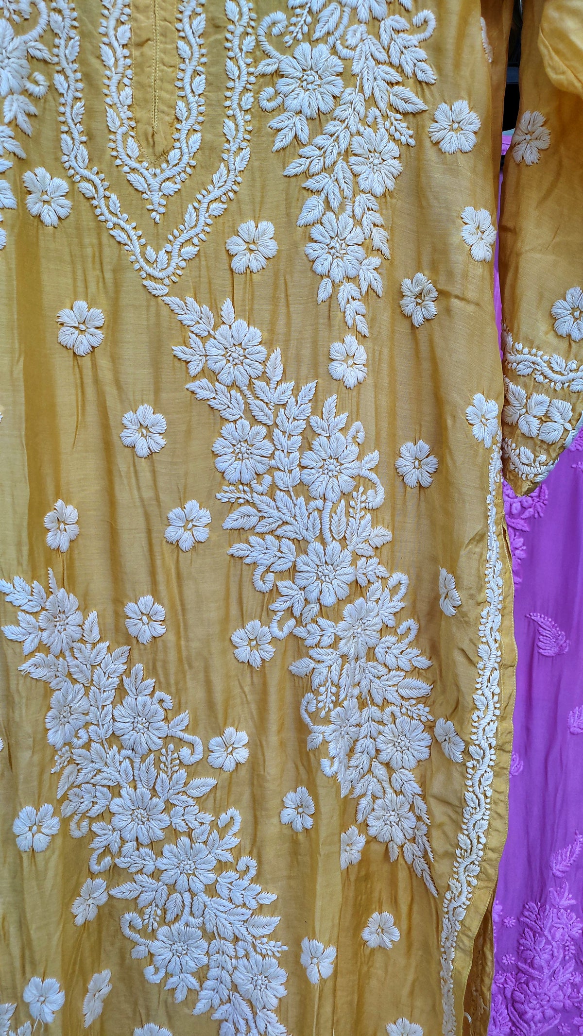 Luxor Gold Feriha Premium Silk Kurta by LVW Fashions featuring intricate handmade Lucknow Chikankari embroidery.
