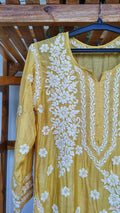 Luxor Gold Feriha premium silk chikankari kurta by LVW Fashions featuring intricate handmade Lucknow chikankari embroidery.