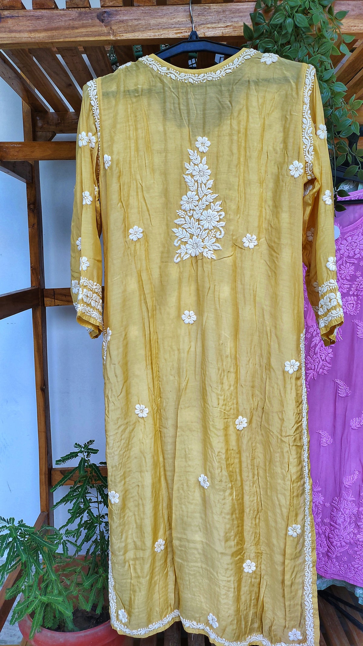 Luxor Gold Feriha premium silk Chikankari kurta by LVW Fashions, handmade with intricate Lucknow embroidery, luxurious look.