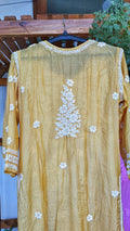 Luxor Gold Feriha premium silk chikankari kurta by LVW Fashions featuring intricate handmade Lucknow chikankari design.