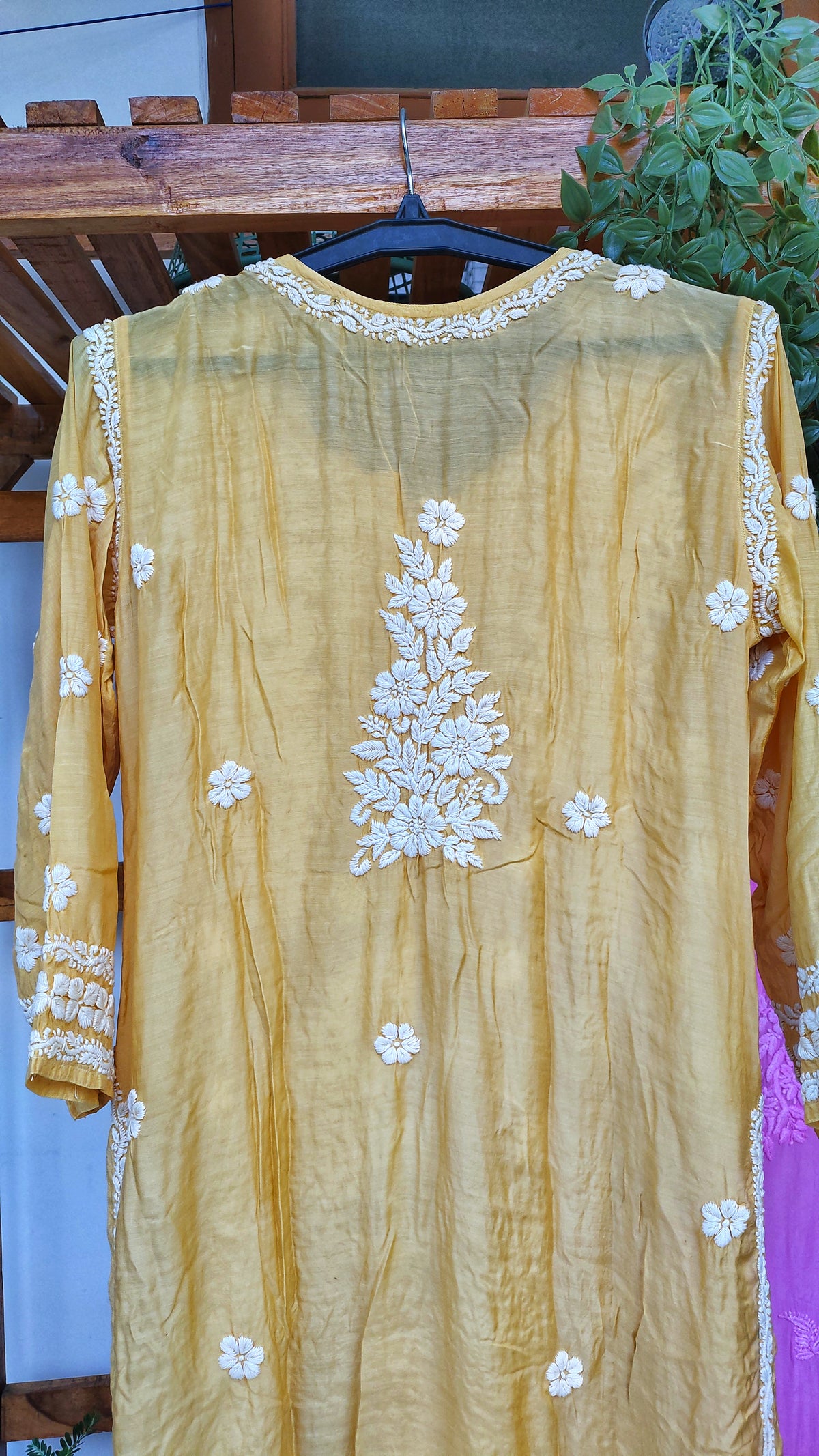Luxor Gold Feriha premium silk chikankari kurta by LVW Fashions featuring intricate handmade Lucknow chikankari design.