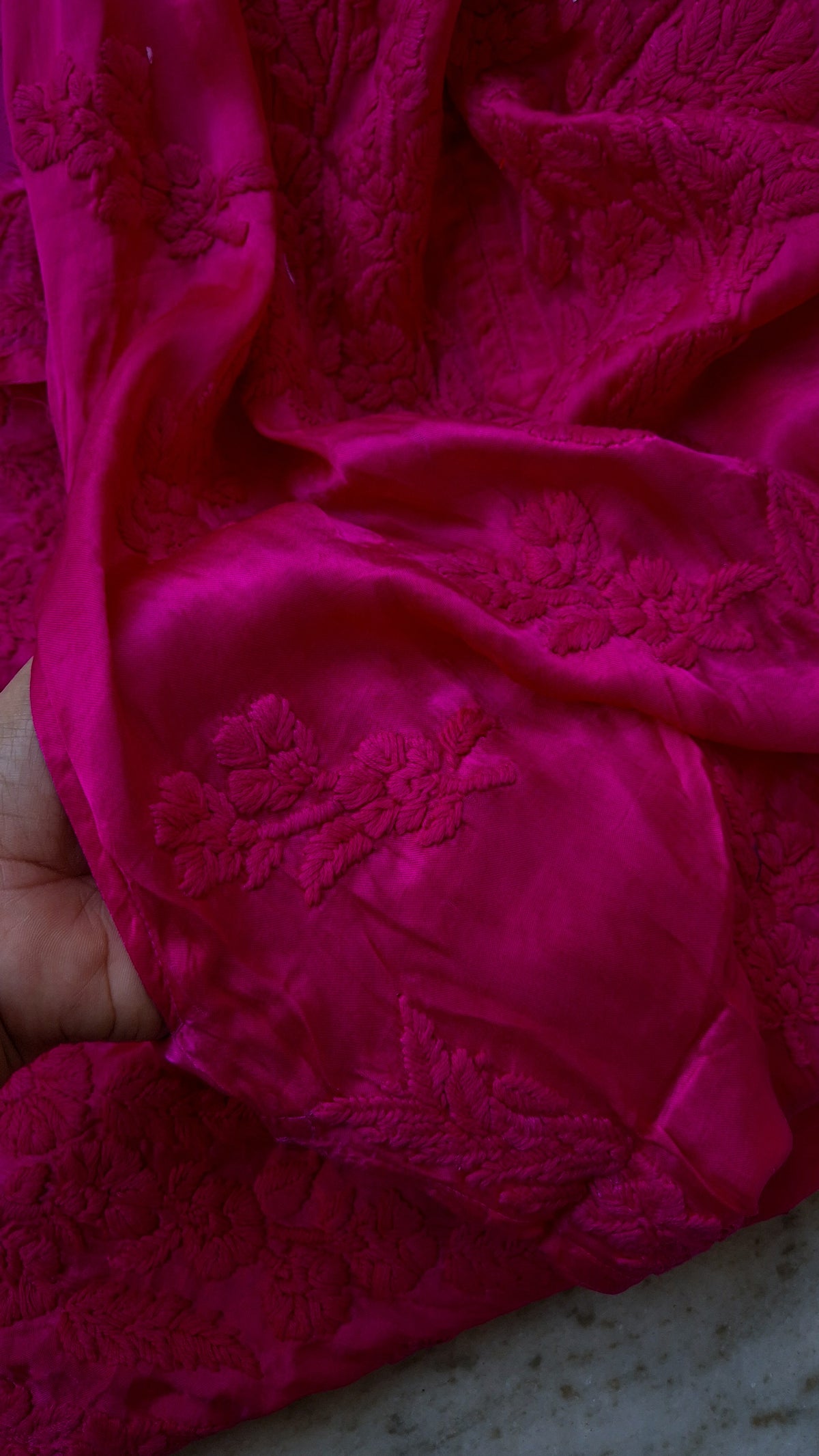 Luxurious silk Chikankari long kurta with pocket from LVW Fashions, handmade in Lucknow featuring intricate embroidery.