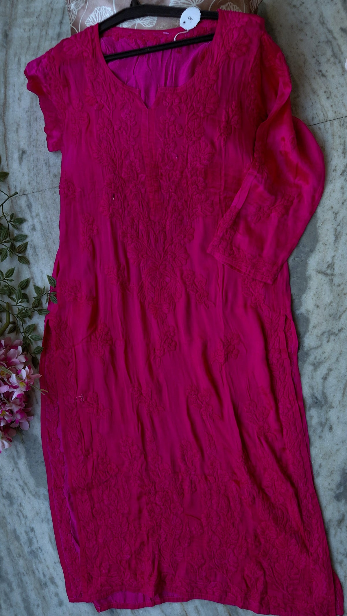 Luxurious silk chikankari long kurta with pocket from LVW Fashions, featuring intricate handcrafted Lucknow embroidery.