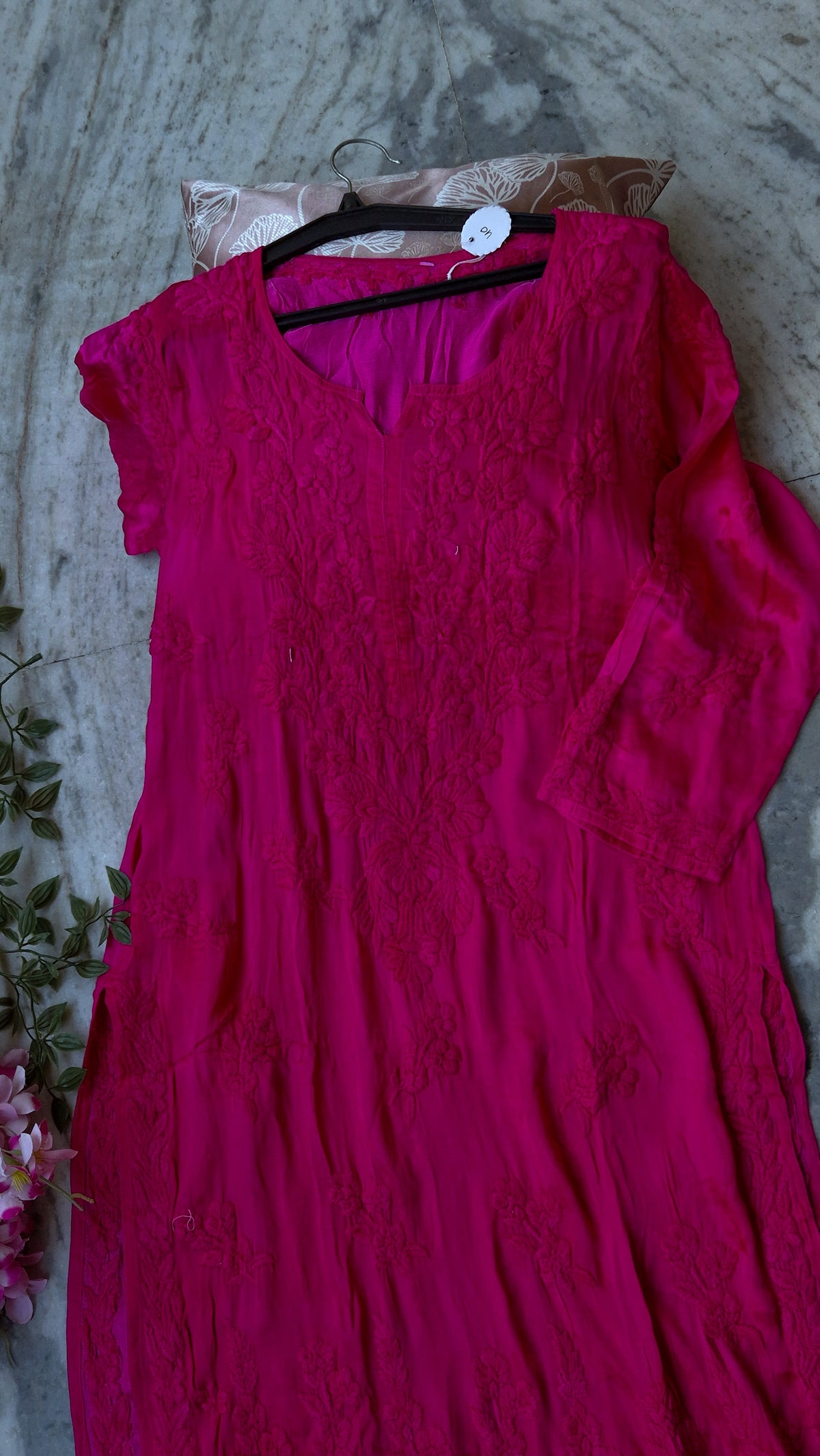 Luxurious silk long kurta with chikankari embroidery, featuring a pocket, handmade by LVW Fashions in Lucknow.