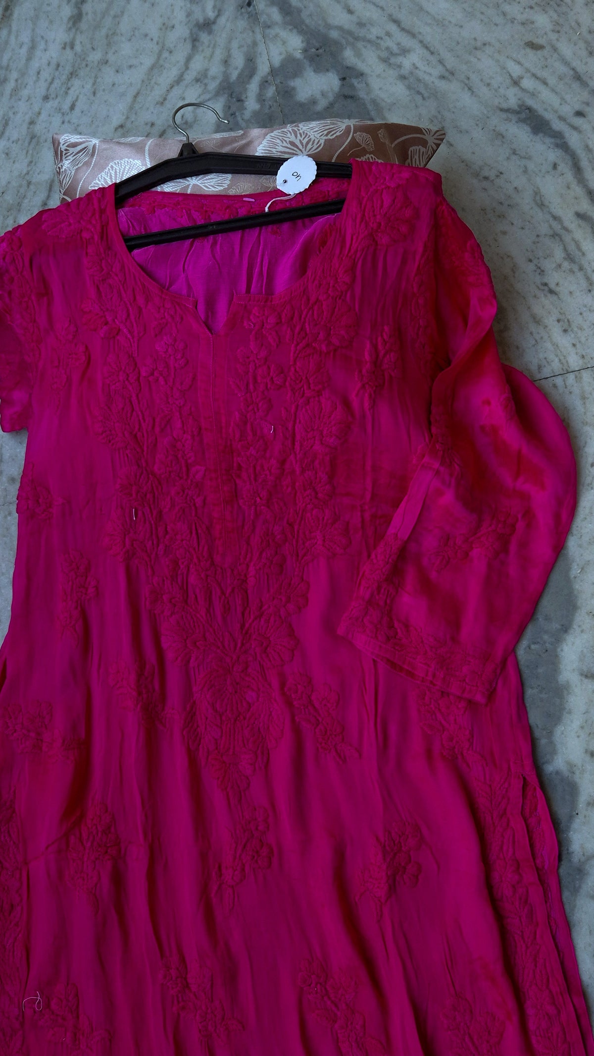 Luxurious silk Chikankari long kurta with pocket from LVW Fashions, handcrafted in Lucknow with intricate embroidery.