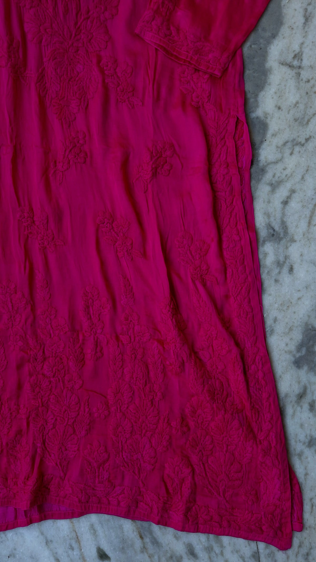 Luxurious silk Chikankari long kurta with pocket from LVW Fashions, handmade in Lucknow featuring intricate embroidery.