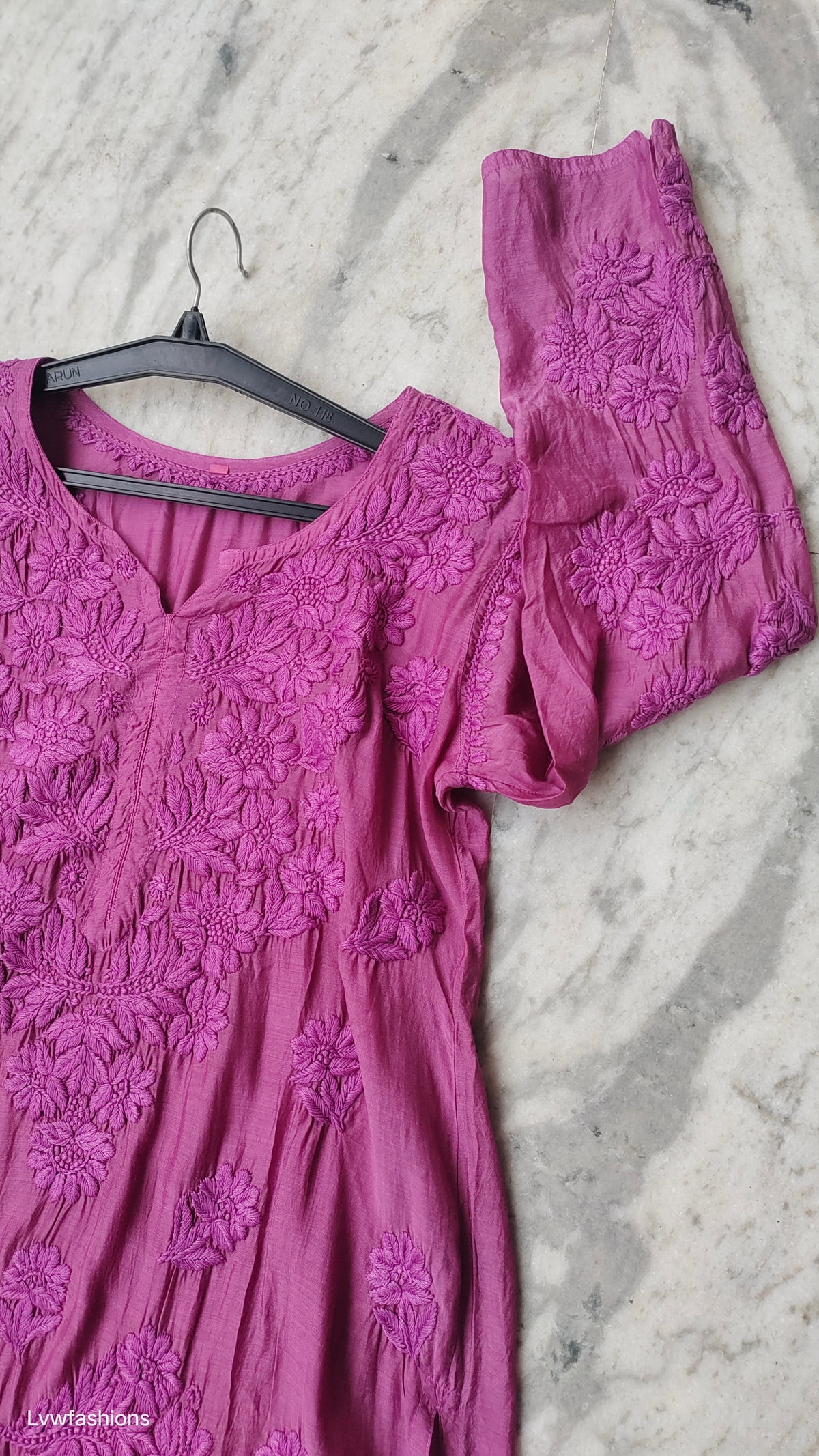 Magenta Haze premium silk long kurta with intricate handmade Lucknow chikankari by LVW Fashions.