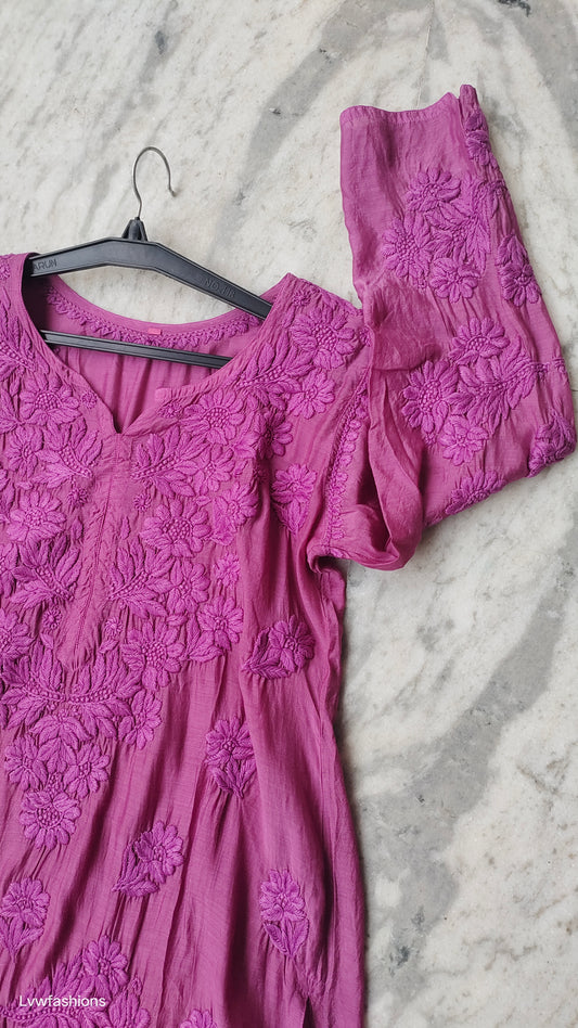 Magenta Haze premium silk long kurta with intricate handmade Lucknow chikankari by LVW Fashions.