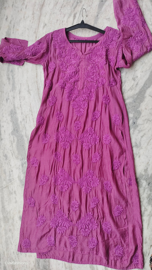 Magenta Haze silk Chikankari long kurta by LVW Fashions, handcrafted Lucknow Chikankari with intricate embroidery and elegant design.