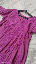 Magenta Haze premium silk long kurta with intricate handmade Lucknow Chikankari embroidery by LVW Fashions.