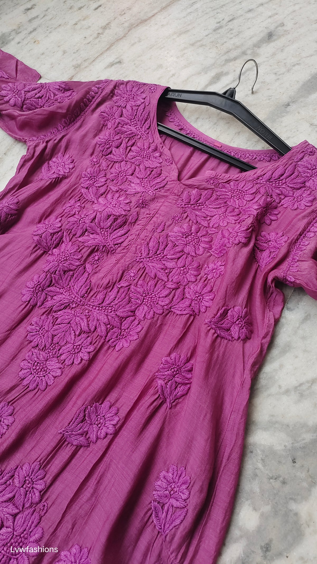 Magenta Haze premium silk long kurta with intricate handmade Lucknow Chikankari embroidery by LVW Fashions.