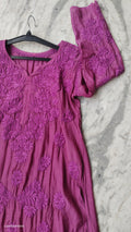 Magenta Haze silk long kurta with intricate Lucknow chikankari embroidery, handmade by LVW Fashions.