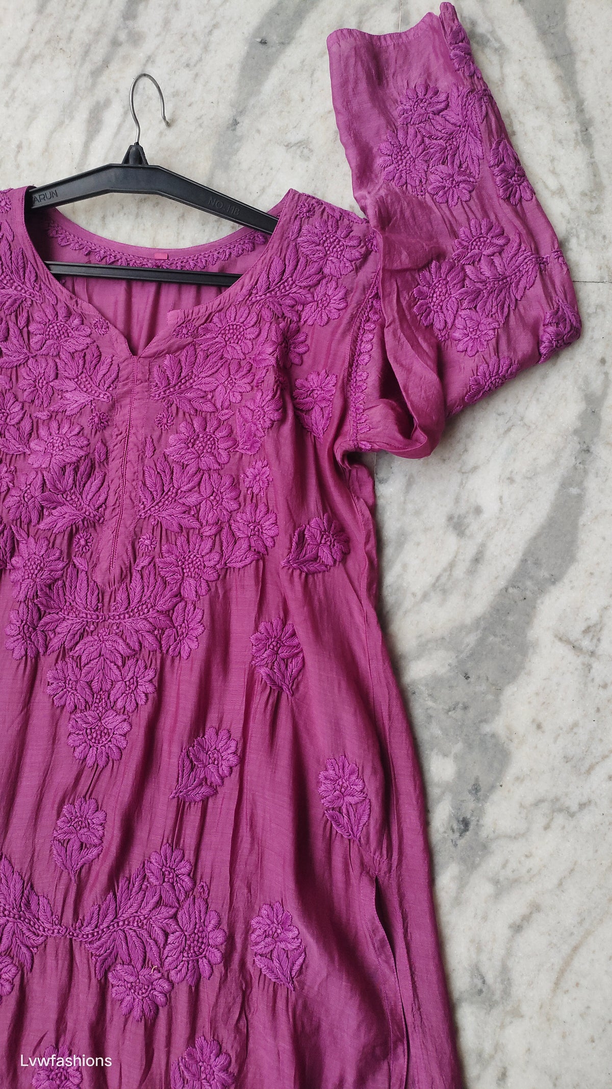 Magenta Haze silk long kurta with intricate Lucknow chikankari embroidery, handmade by LVW Fashions.
