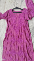 Magenta Haze premium silk Chikankari long kurta by LVW Fashions, handmade Lucknow Chikankari with intricate embroidery.