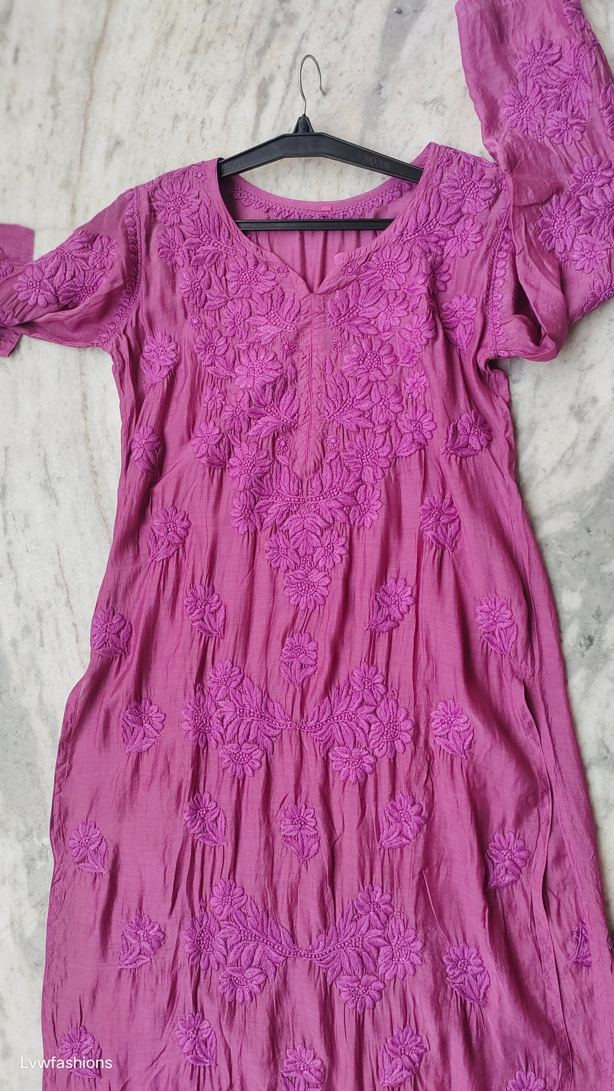 Magenta Haze premium silk Chikankari long kurta by LVW Fashions, handmade Lucknow Chikankari with intricate embroidery.
